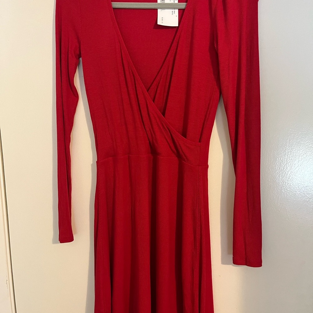 INTERMIX Red Long Sleeve V-Neck Fit and Flare Dress